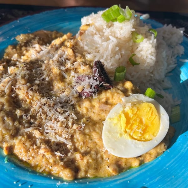 Peruvian Aji de Gallina with shredded chicken in yellow sauce, rice, and a hard-boiled egg.